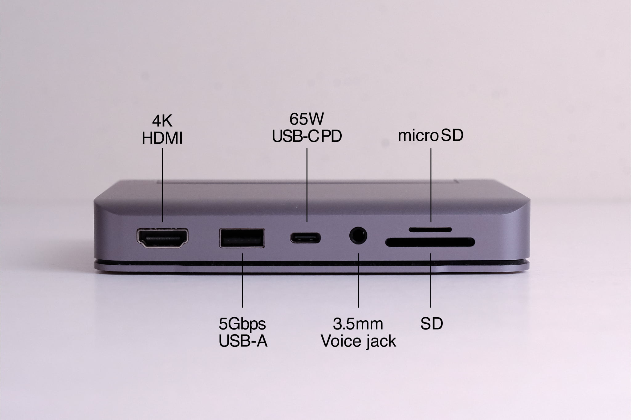 SATECHIのiPad用 アルミニウム スタンド＆ハブ｜5つの特徴　特徴2：必要十分な6ポートを装備　1：最大60WのUSB-C PD充電専用ポート
2：最大60Hzの4K HDMI
3：5GbpsのUSB-A データポート
4：最大104MB/秒のSDカードリーダー（SD）
5：最大104MB/秒のSDカードリーダー（micro SD）
6：3.5mm音声ジャック（出入力可能）